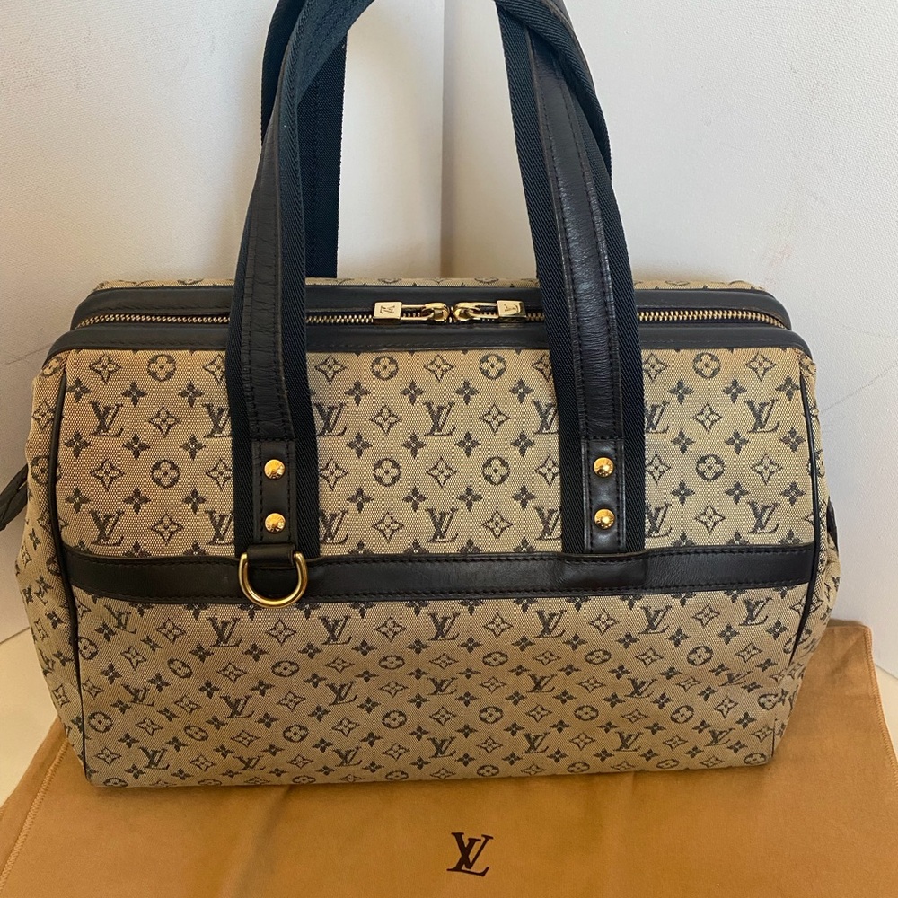 Louis Vuitton Josephine Monogram Gray Canvas Bag with Dark Blue LeatherTrimmed
